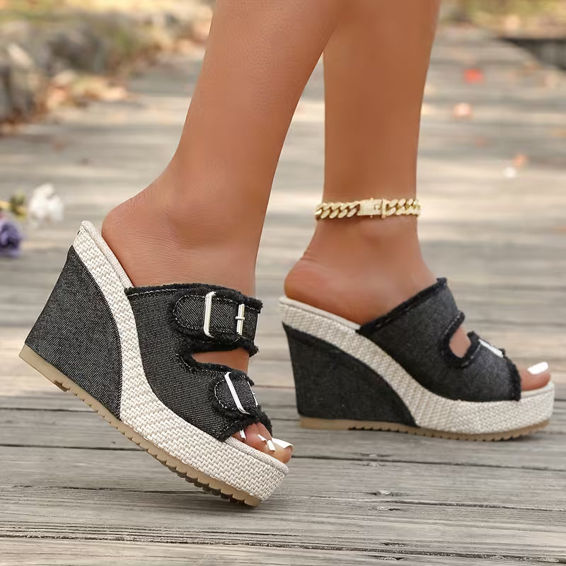 Elara Denim Wedge Sandals