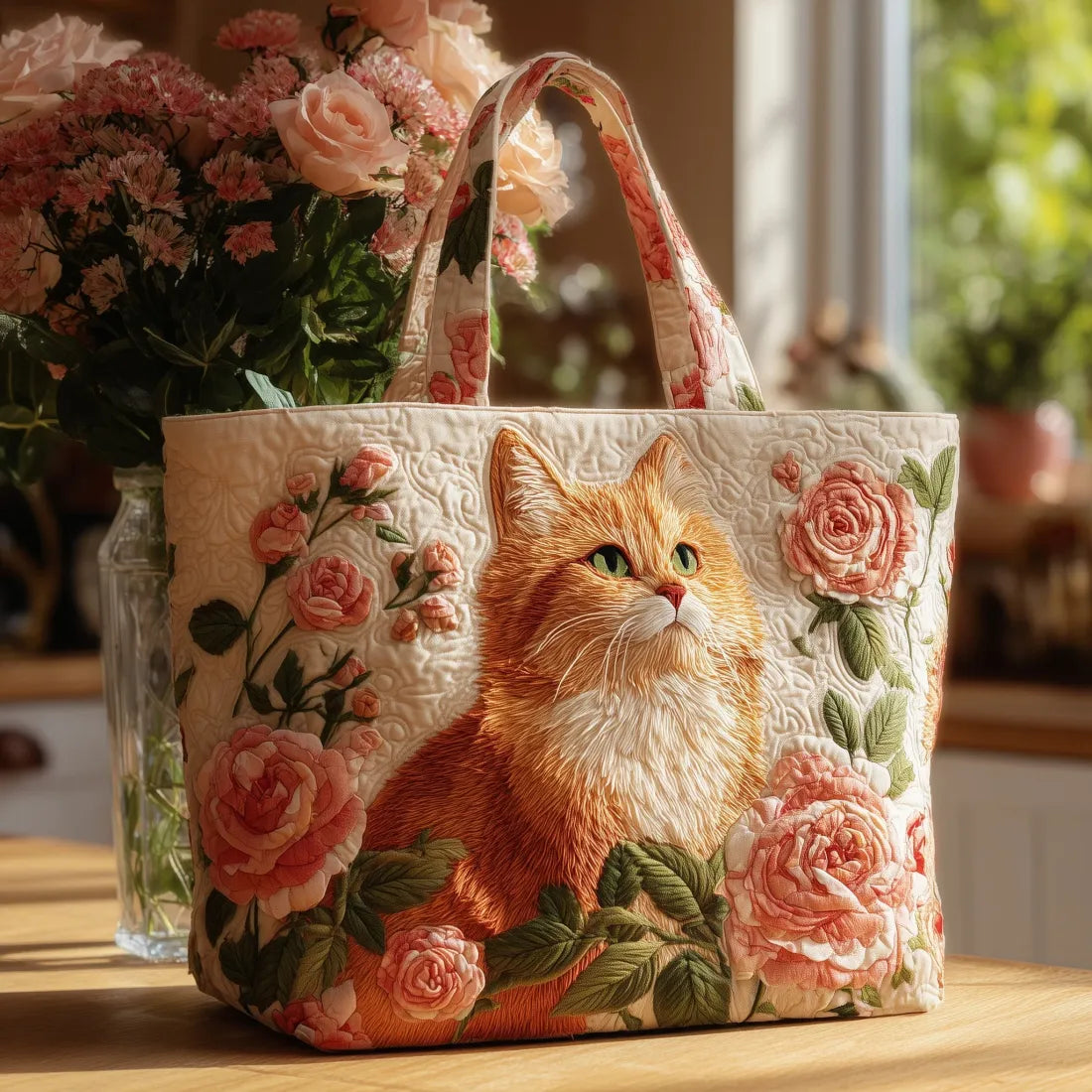 Artisanal Bag - Orange Cat with Roses