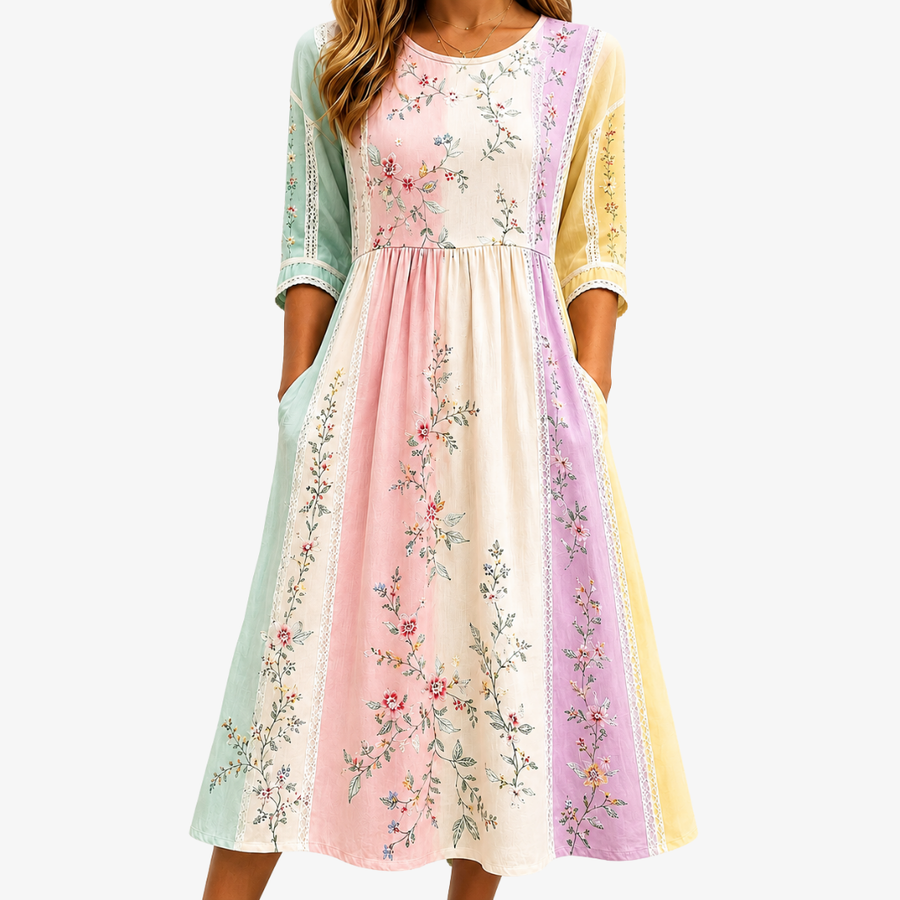 Pastel Garden Panel Pocket Midi Dress
