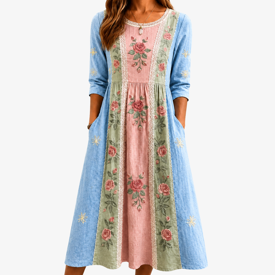 Vintage Rose Garden Patchwork Pocket Dress