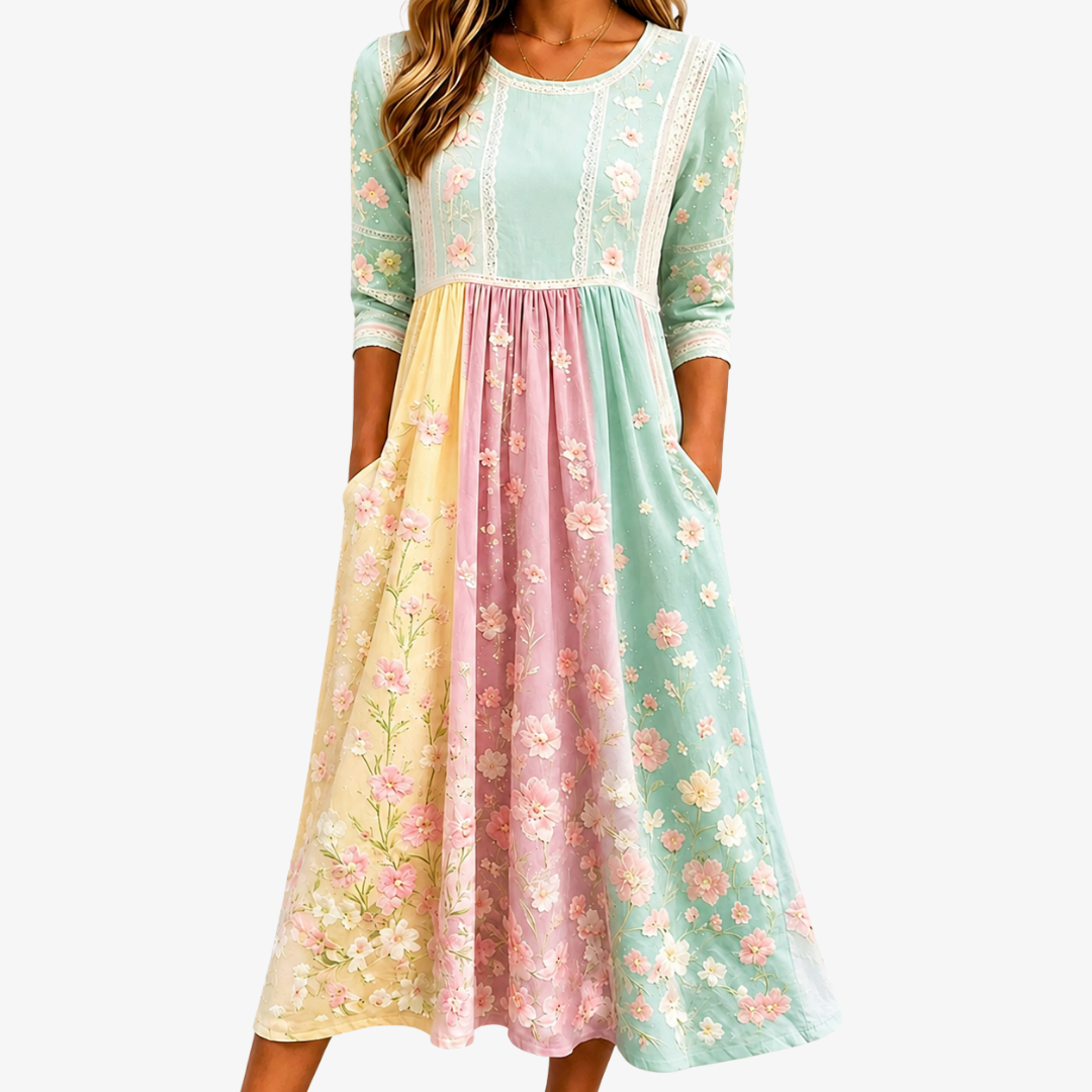 Spring Blossom Patchwork Pocket Midi Dress