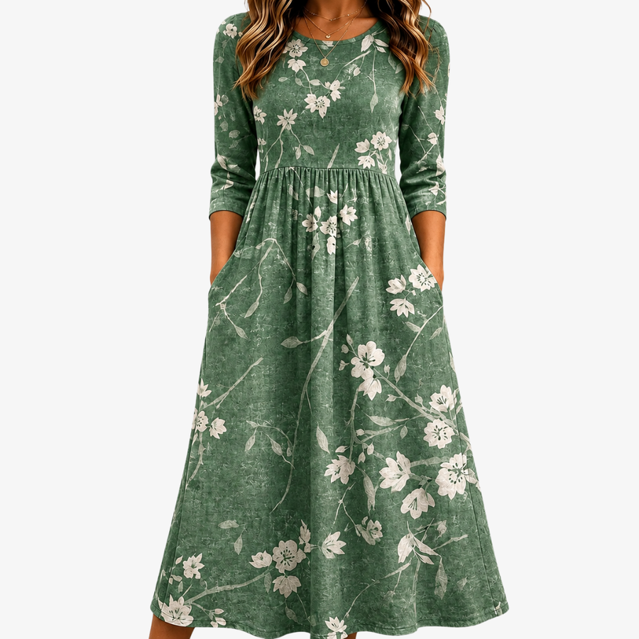 Evergreen Bloom Relaxed Pocket Midi Dress