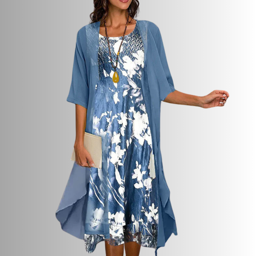ADELINE | Floral Midi Dress and Sheer Duster Two Piece Layered Elegant Set