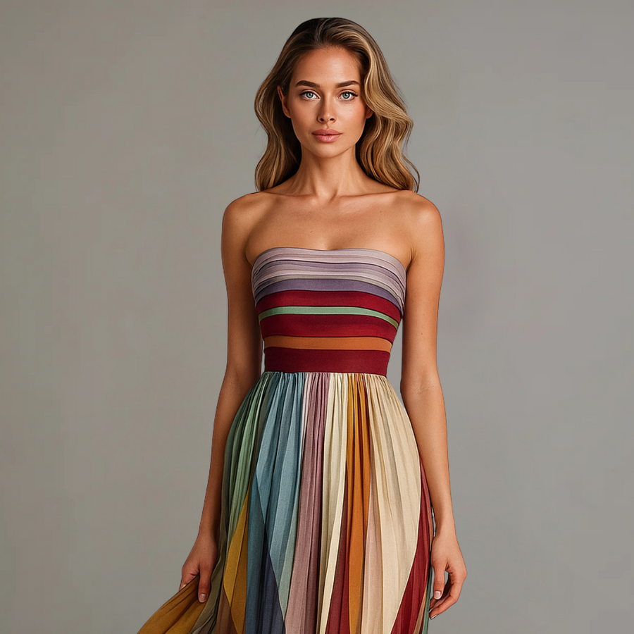 Judith™ | Women's Strapless Colorful Pleated Summer Maxi Dress Strapless