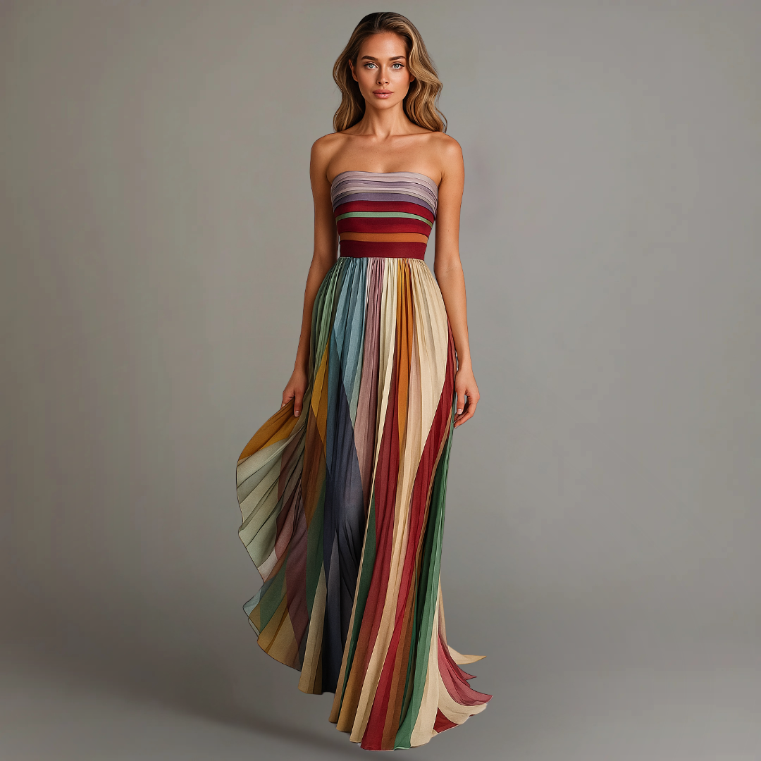 Judith™ | Women's Strapless Colorful Pleated Summer Maxi Dress Strapless