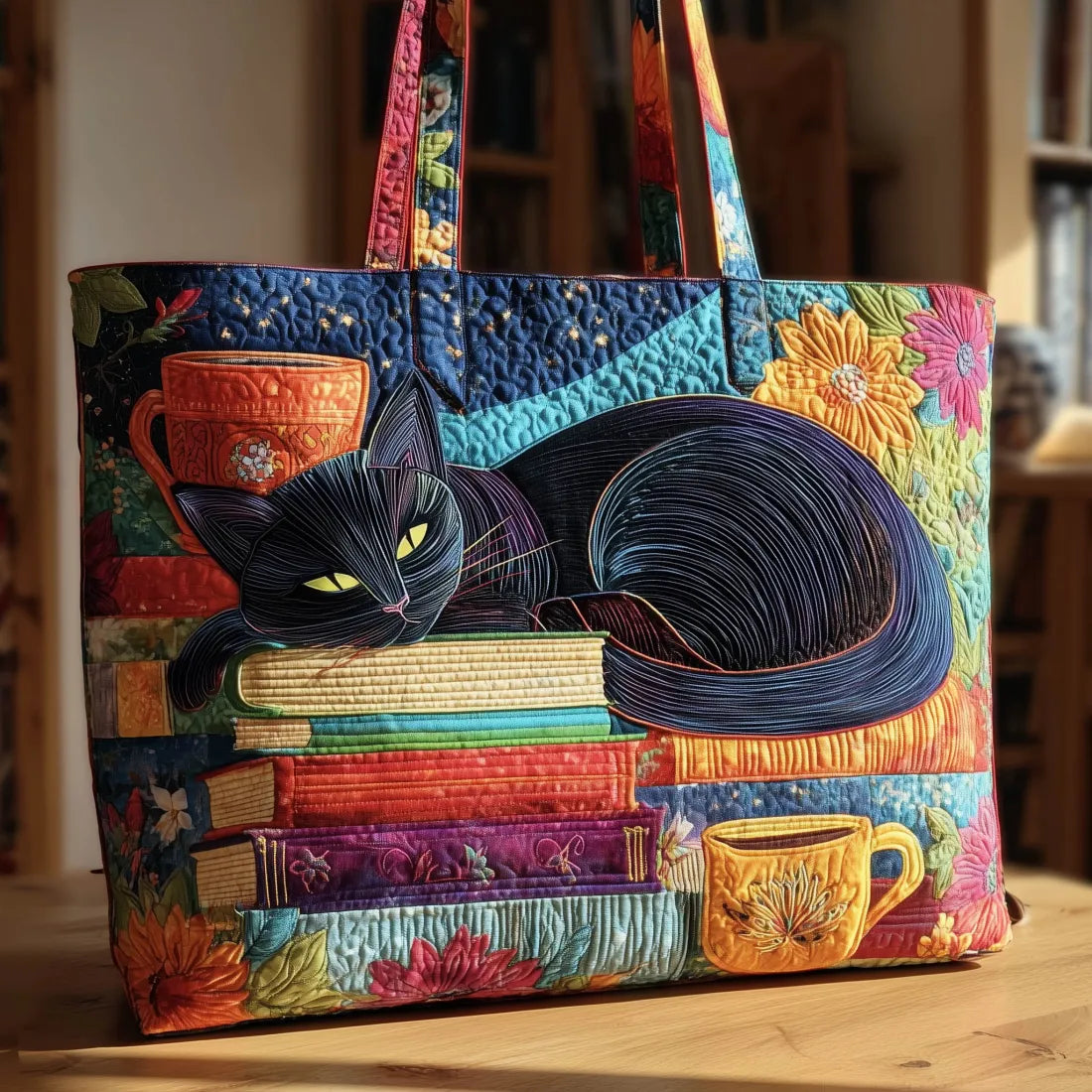 Artisan Bag - Black Cat with Books and Mugs