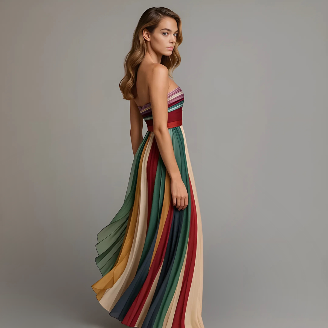 Judith™ | Women's Strapless Colorful Pleated Summer Maxi Dress Strapless