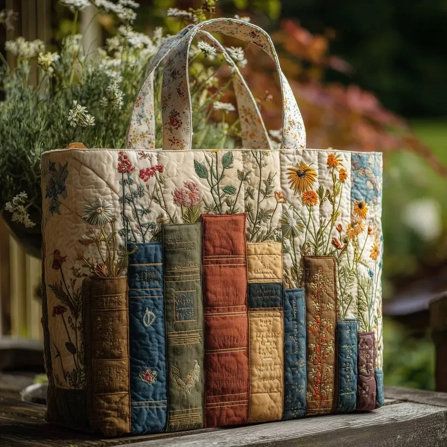 Artisanal Quilted Bag - Books and Flowers
