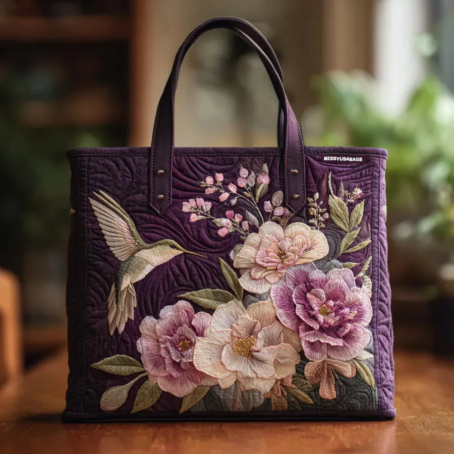 Quilted Tote Bag - Hummingbirds and Orchids