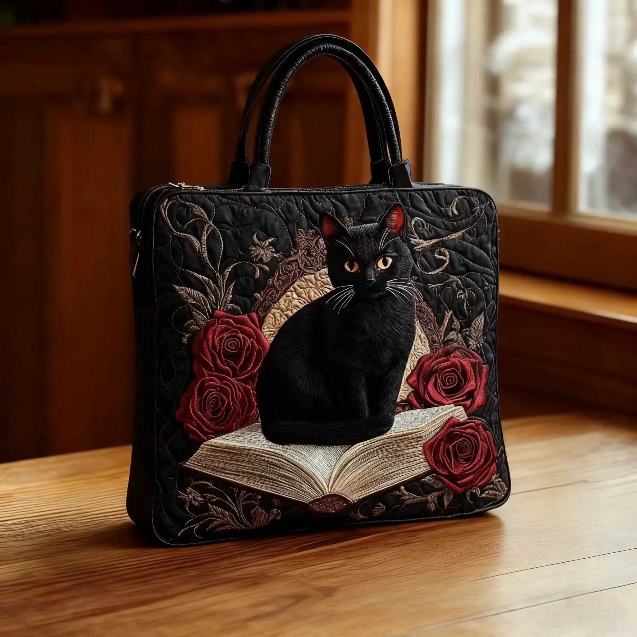 Artisan Quilted Bag - Black Cat on Books