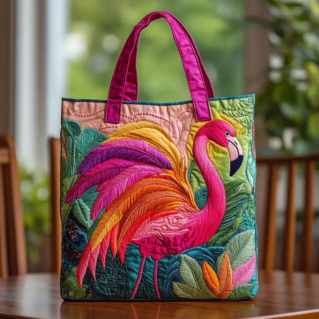 Quilted Tote Bag - Rainbow Flamingo