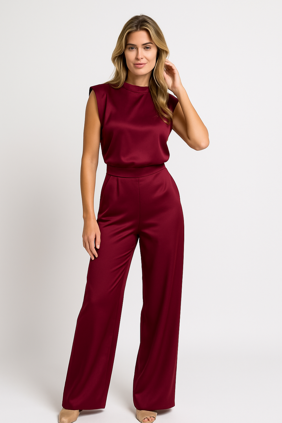 Sleeveless Satin-Look Wide-Leg Jumpsuit