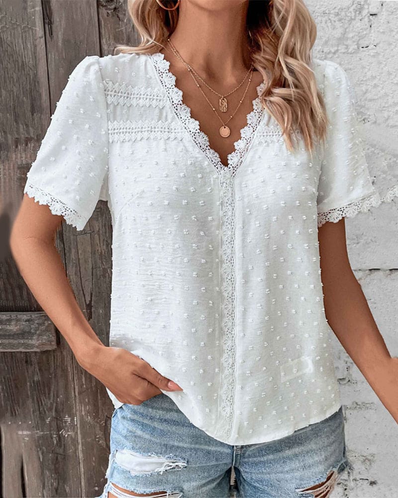 Eloise | White Lace Trim V-Neck Blouse