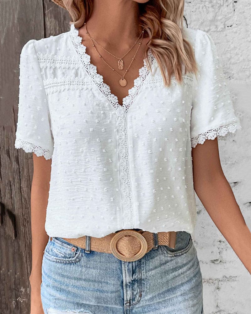 Eloise | White Lace Trim V-Neck Blouse