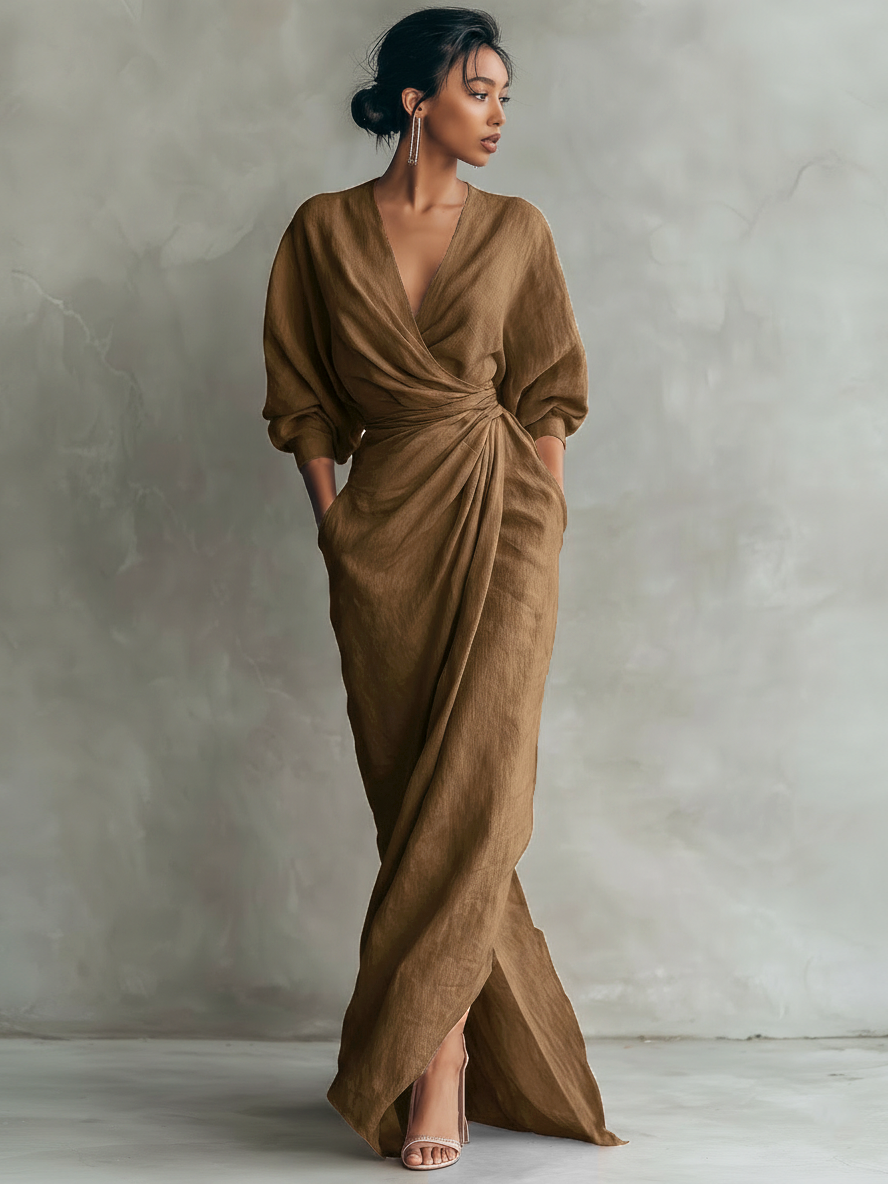 Kate | Women's Minimalist V-neck Linen Blend Maxi Dress
