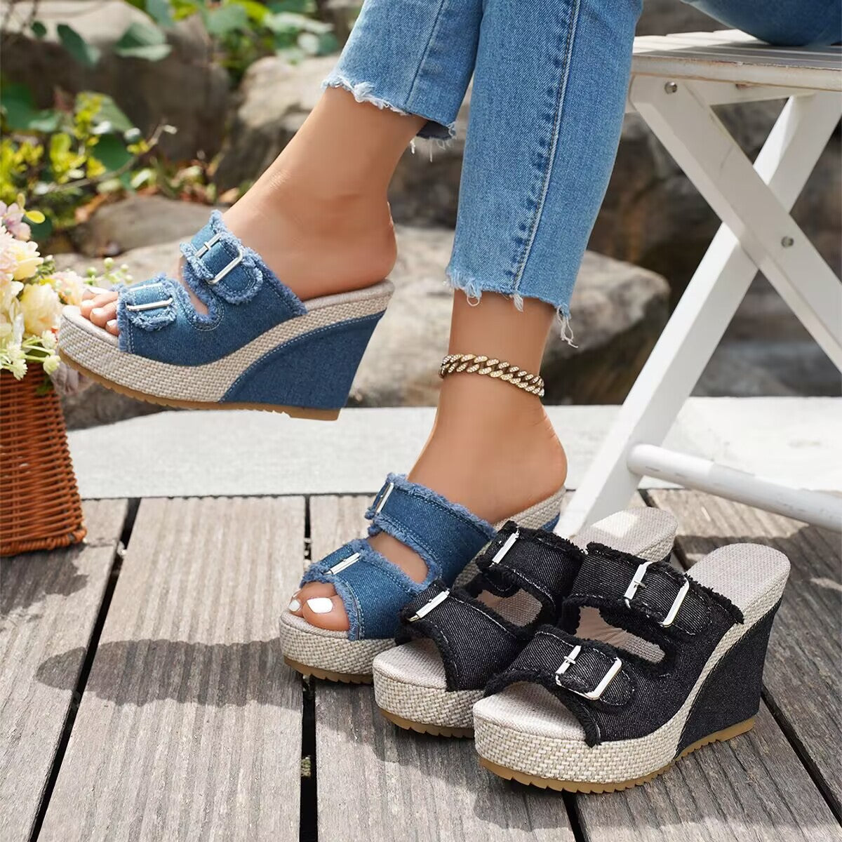 Elara Denim Wedge Sandals