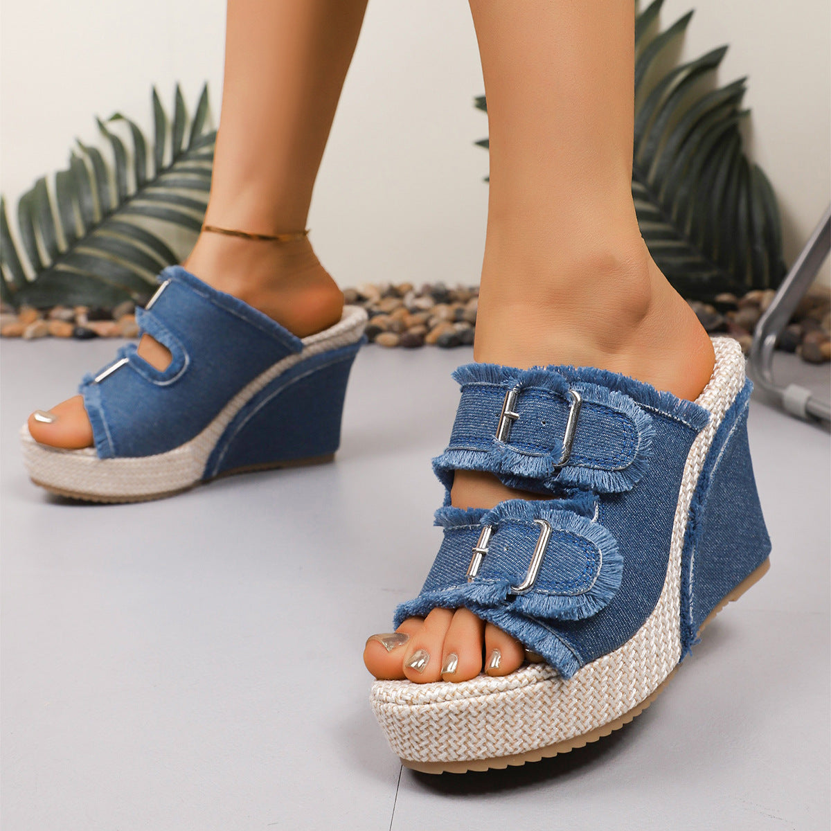 Elara Denim Wedge Sandals