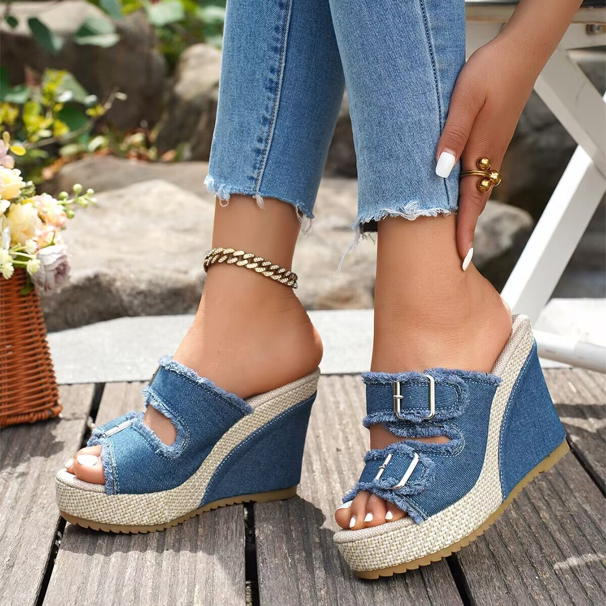 Elara Denim Wedge Sandals