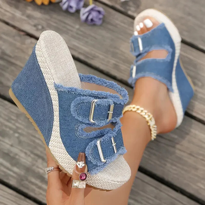 Elara Denim Wedge Sandals