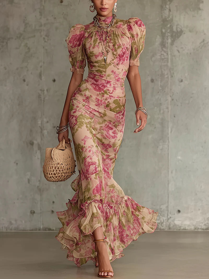 Jill | Vintage Rose Maxi Dress with Puff Sleeves