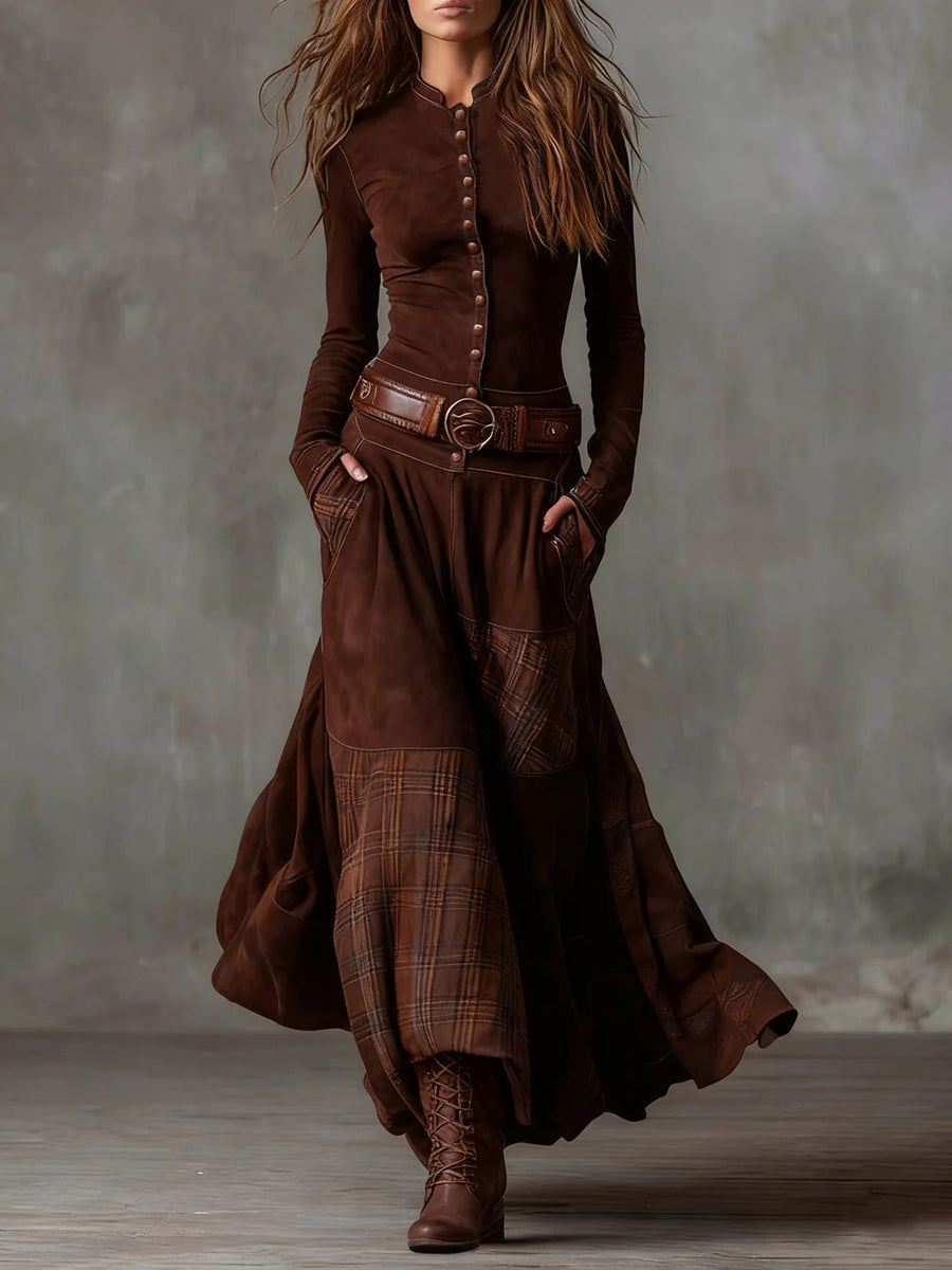 Leonora | Vintage Long Dress in Navy Blue Suede Check (Includes Belt)