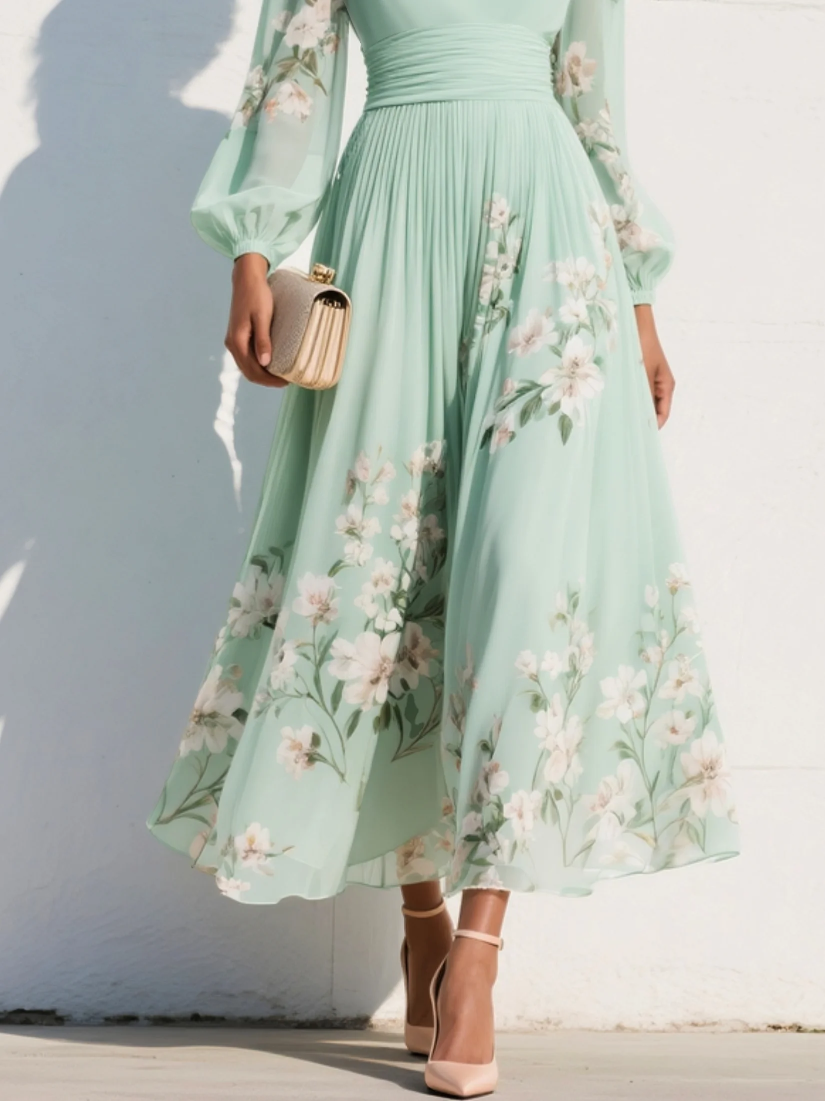 Mathilda - Light Green V-Neck Chiffon Pleated Floral Midi Dress