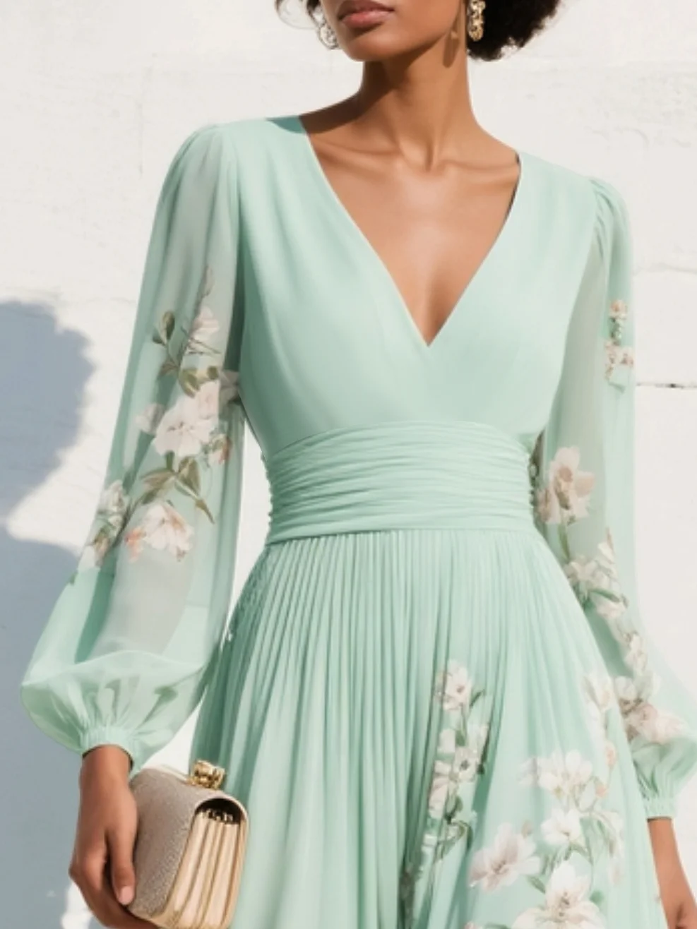 Mathilda - Light Green V-Neck Chiffon Pleated Floral Midi Dress