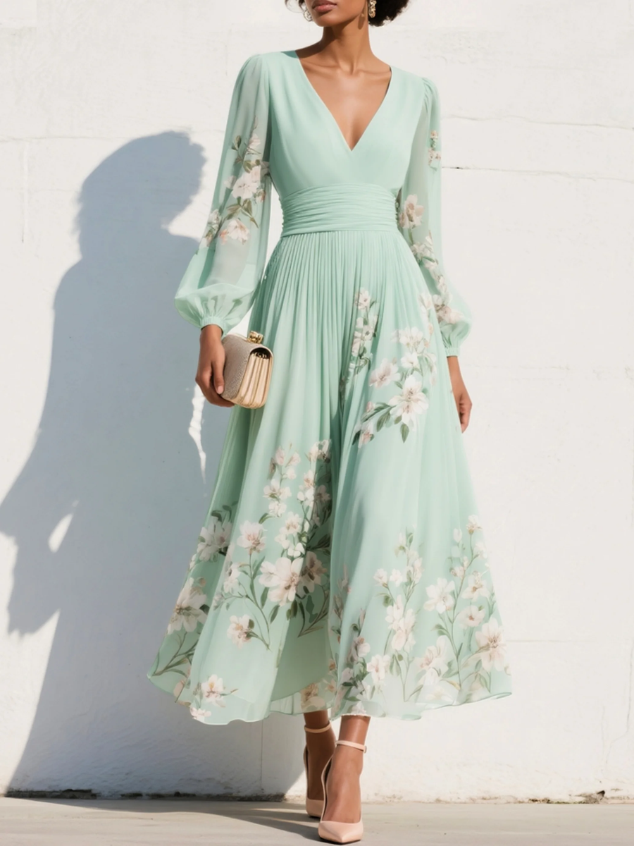 Maxi Pleated Chiffon Dress in Mint Green with Floral Print for Women