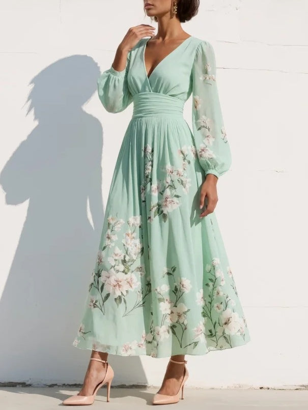 Mathilda - Light Green V-Neck Chiffon Pleated Floral Midi Dress