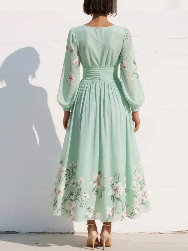 Mathilda - Light Green V-Neck Chiffon Pleated Floral Midi Dress