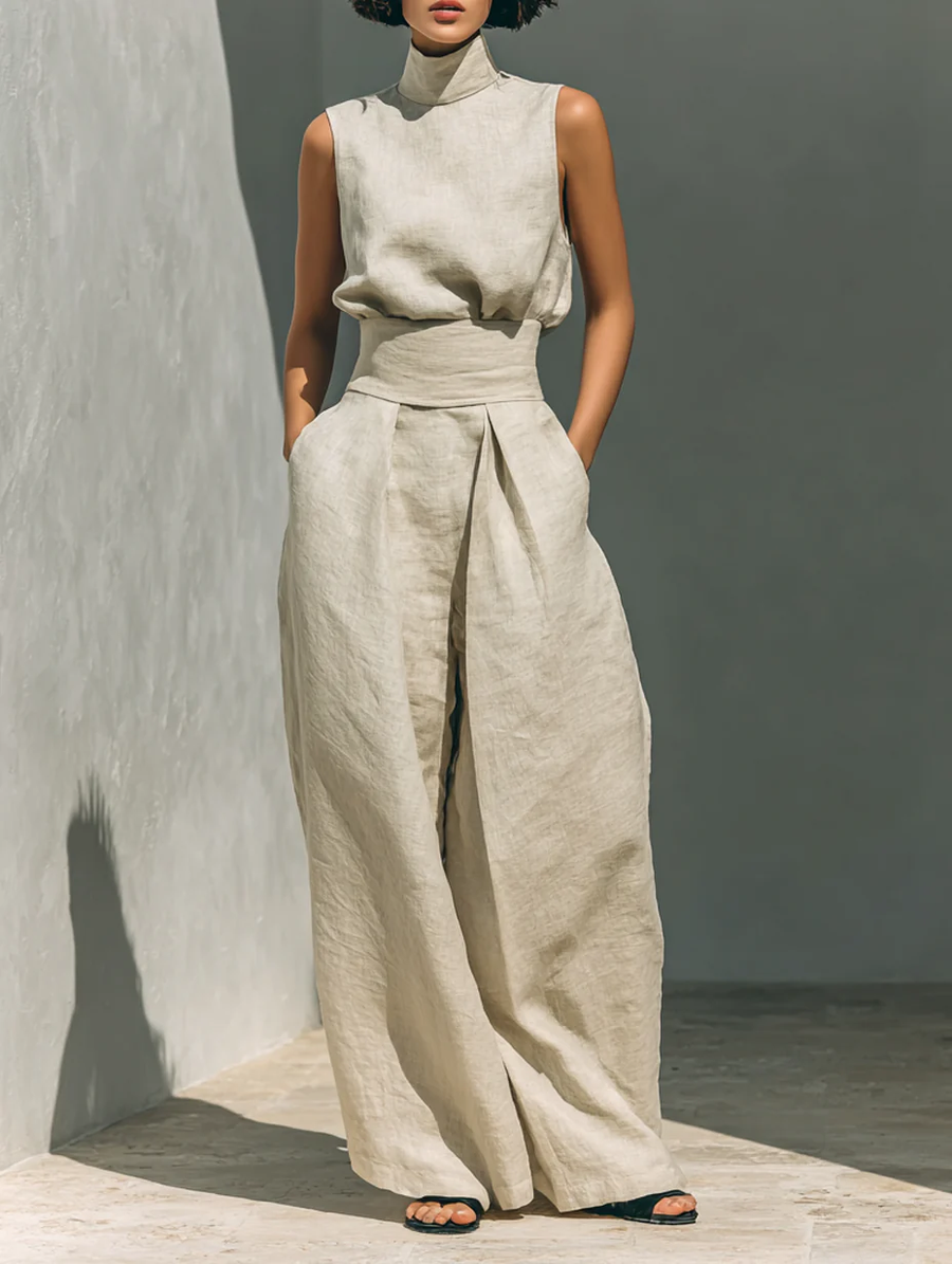 Aurora | Relaxed Beige Sleeveless Wide-Leg Co-Ord Set