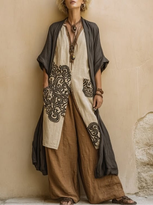 Giulia - Three-Piece Bohemian Nomad Set in Dark Gray and Brown with Tribal Pattern