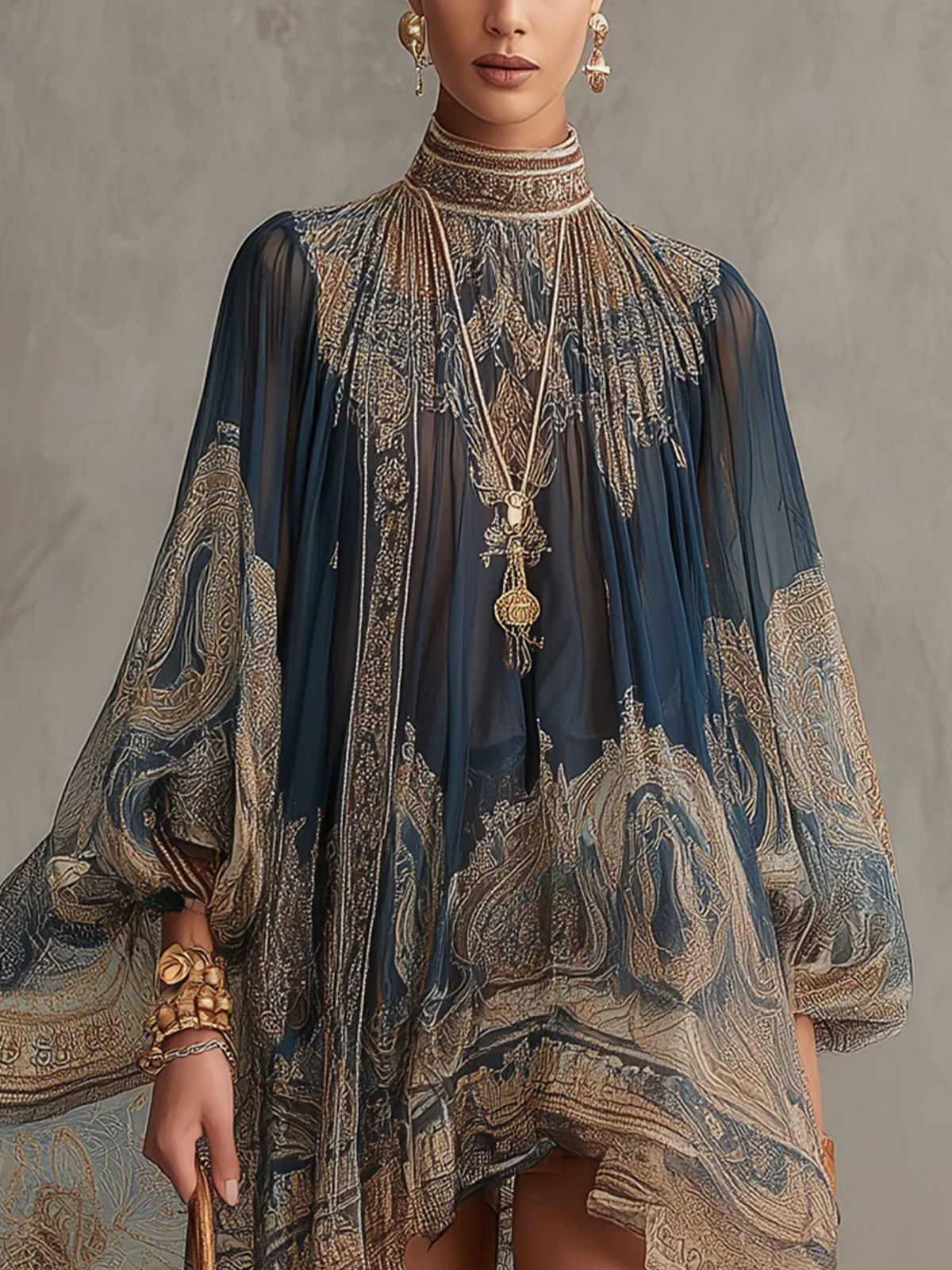 Marianna | Mini dress in navy blue chiffon with golden baroque print