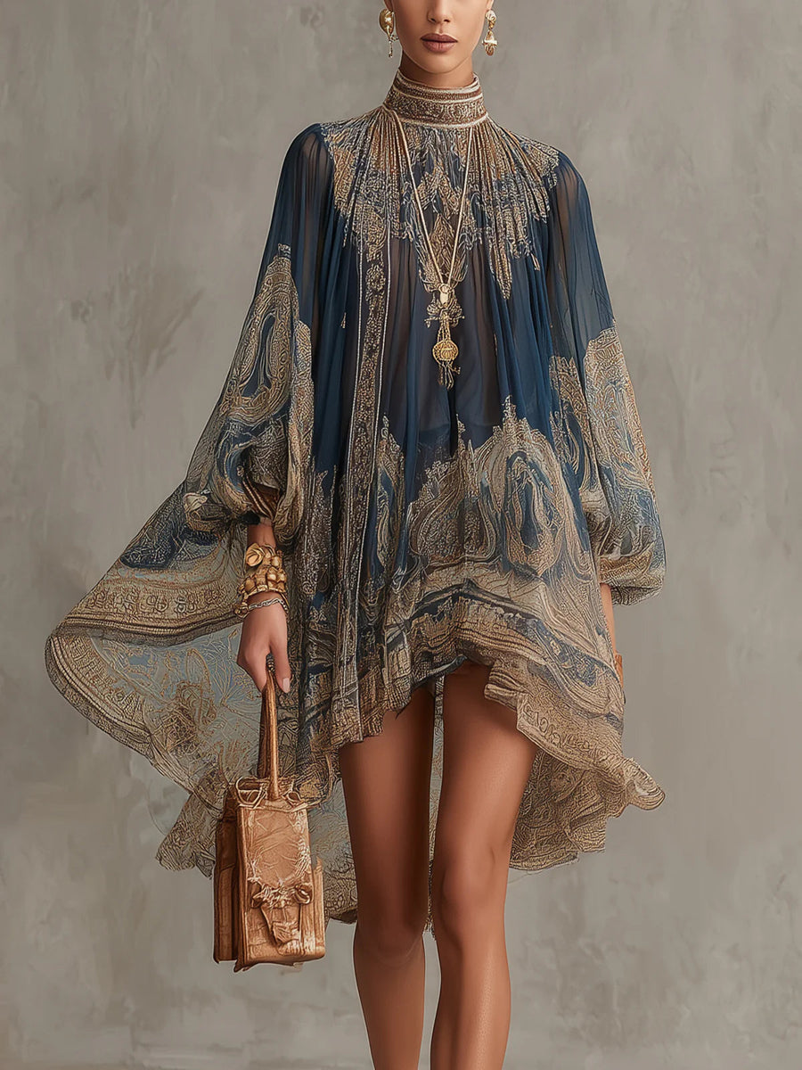Marianna | Mini dress in navy blue chiffon with golden baroque print