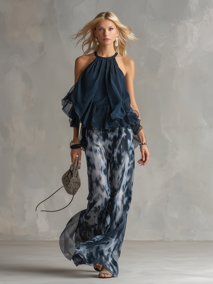 Ludovica | Stylish Navy Halter Top and Wide-Leg Printed Set