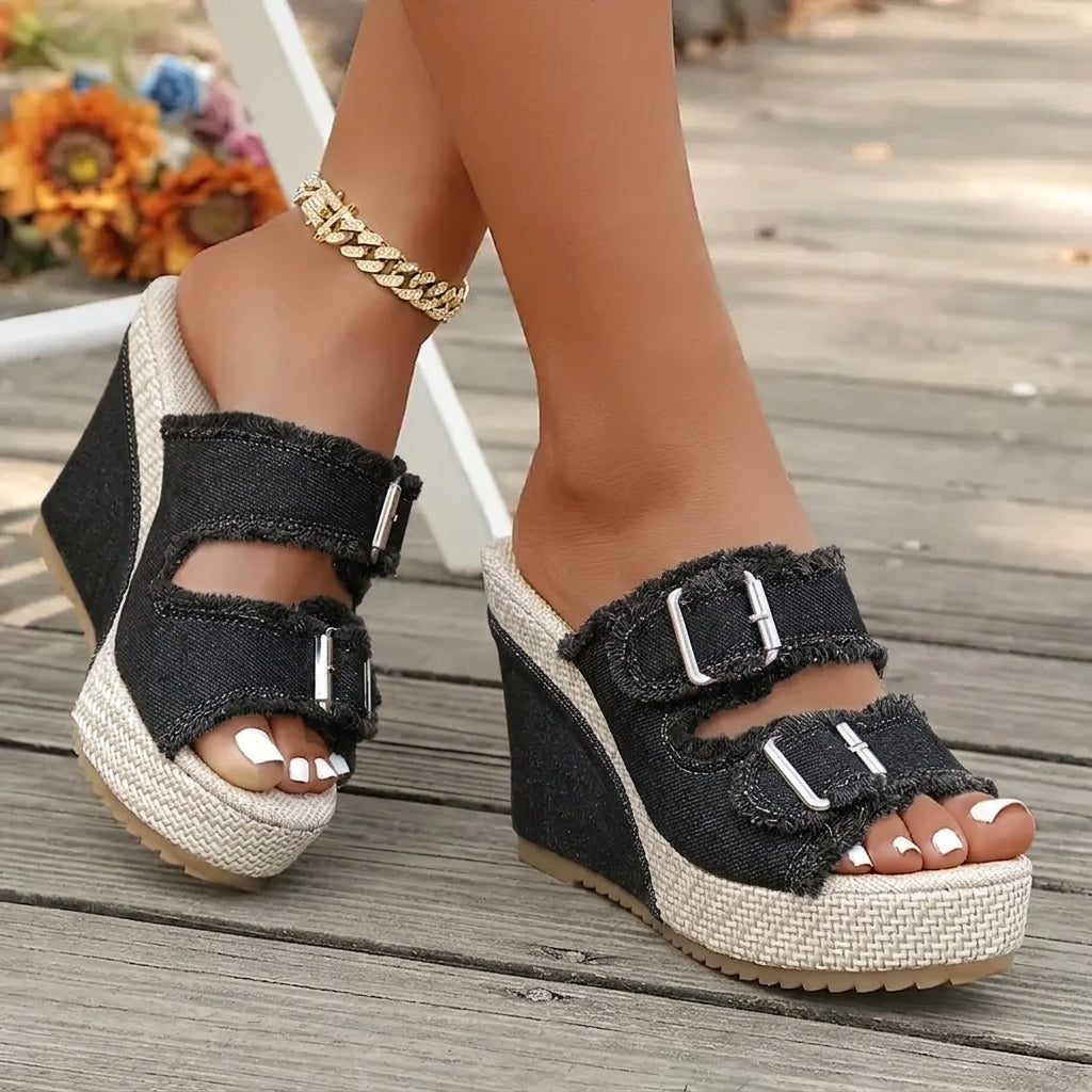 Elara Denim Wedge Sandals