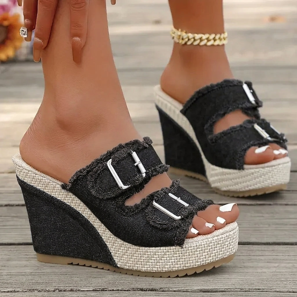 Elara Denim Wedge Sandals