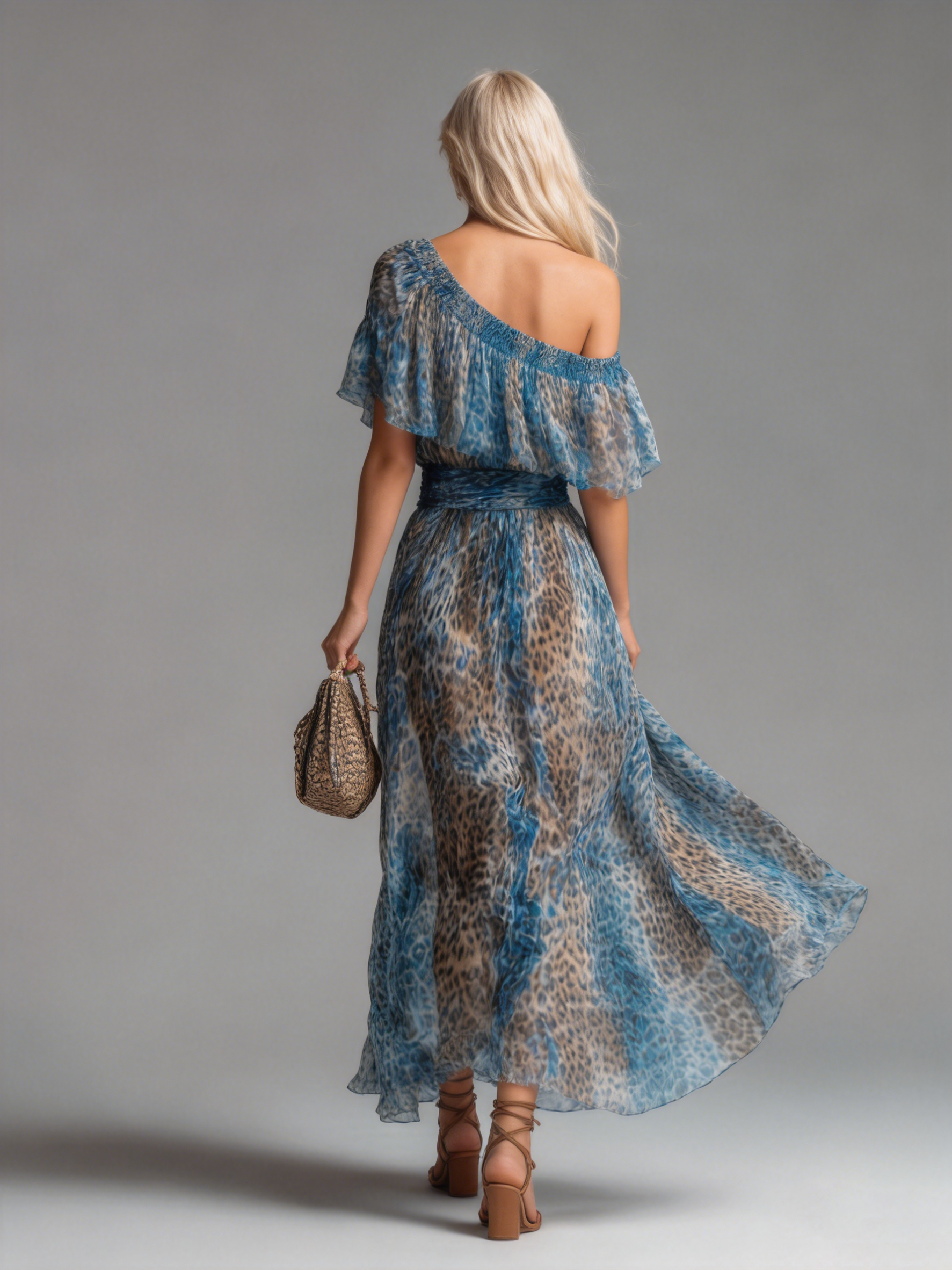 Wild - Long chiffon dress with leopard print and bare shoulders