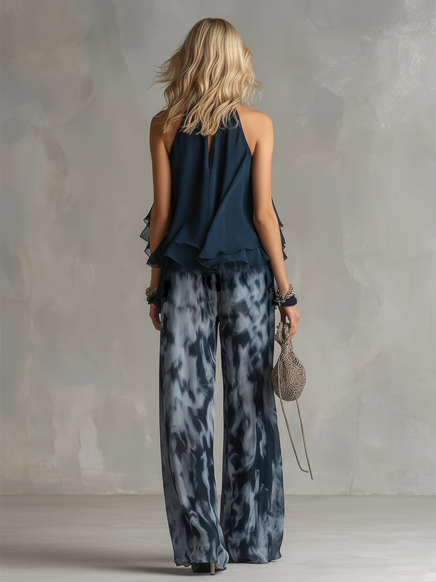 Ludovica | Stylish Navy Halter Top and Wide-Leg Printed Set