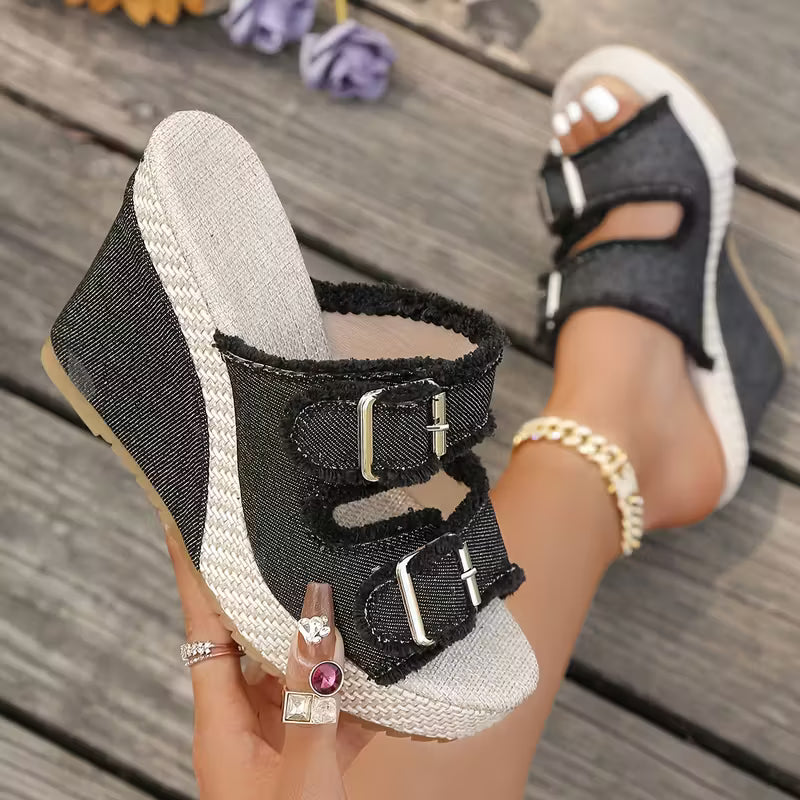Elara Denim Wedge Sandals