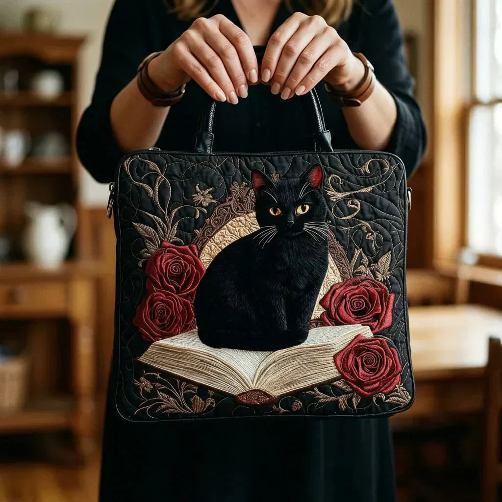 Artisan Quilted Bag - Black Cat on Books
