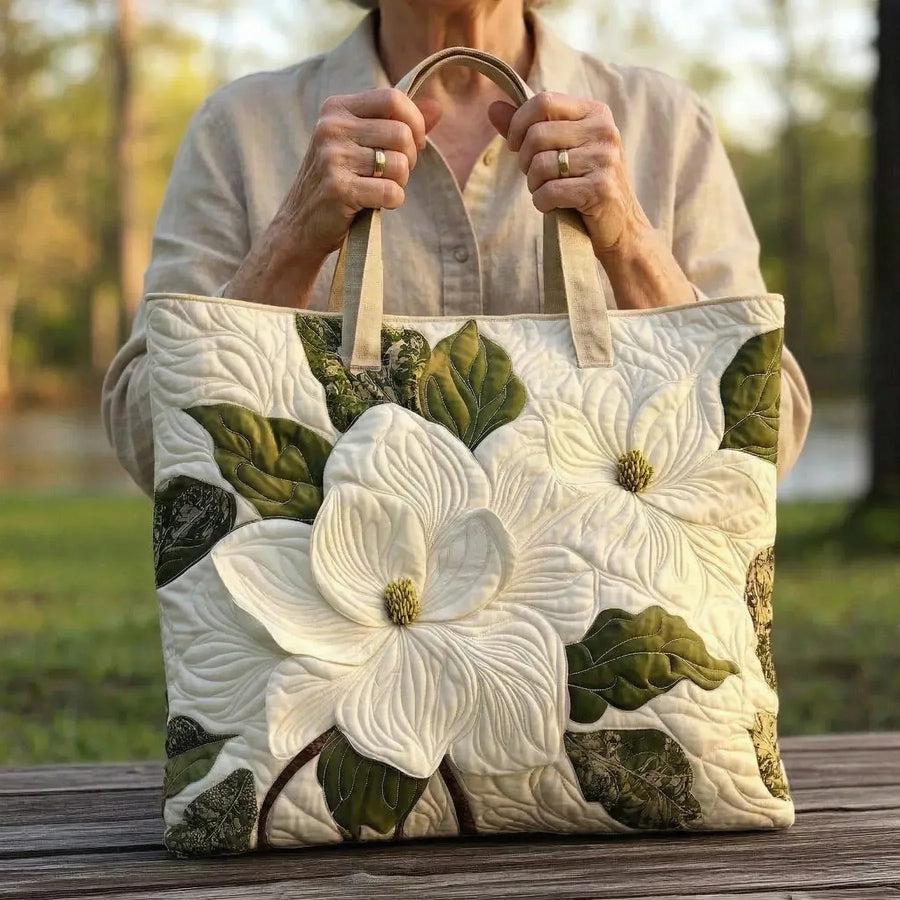 Artisanal Quilted Bag - Elegant White Lilies