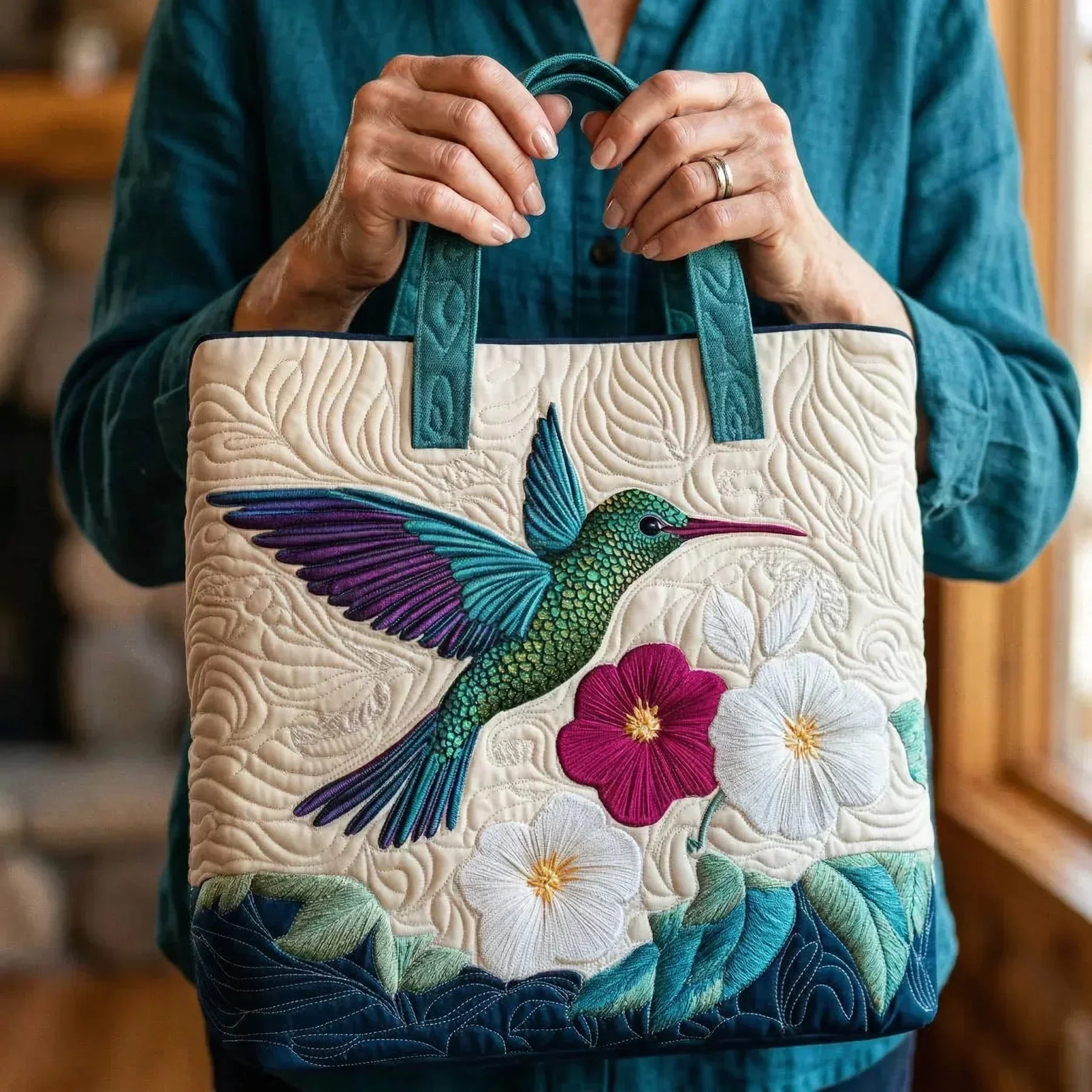 Quilted Bag - Hummingbird and White Flower