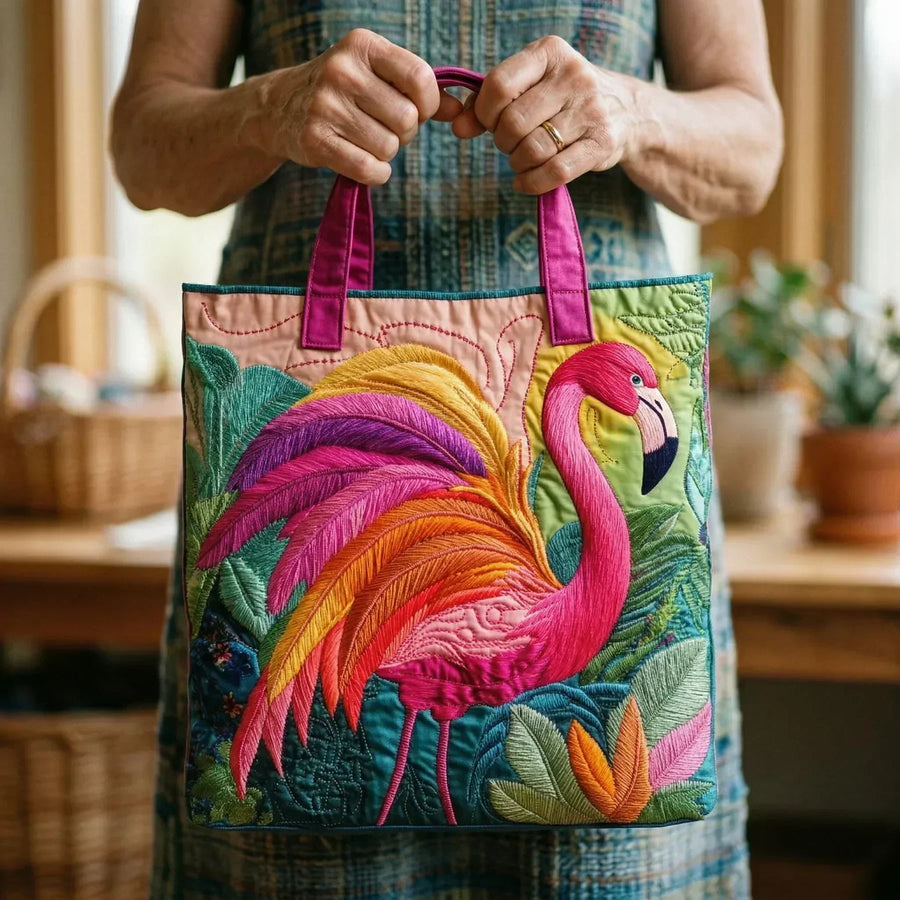 Quilted Tote Bag - Rainbow Flamingo