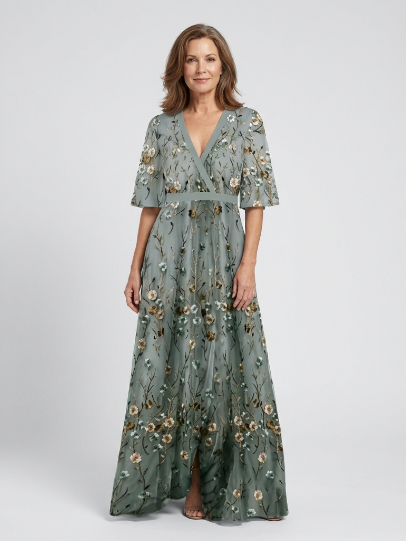 Auriane | Floral V Neck Short Sleeve Maxi Dress