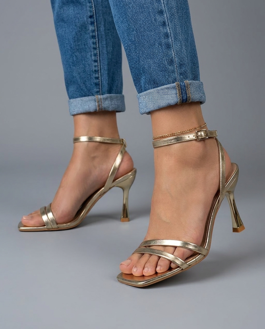 Celeste | Gold Metallic Ankle Strap Heels