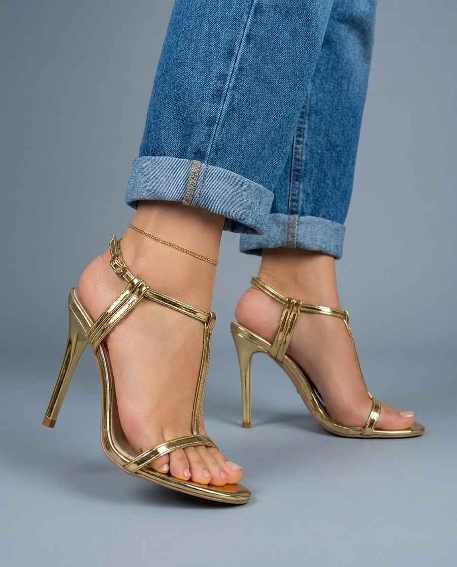 Vivienne | Gold Metallic T-Strap Stiletto Heels