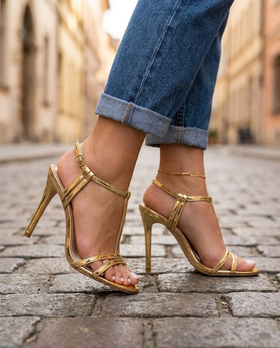 Vivienne | Gold Metallic T-Strap Stiletto Heels