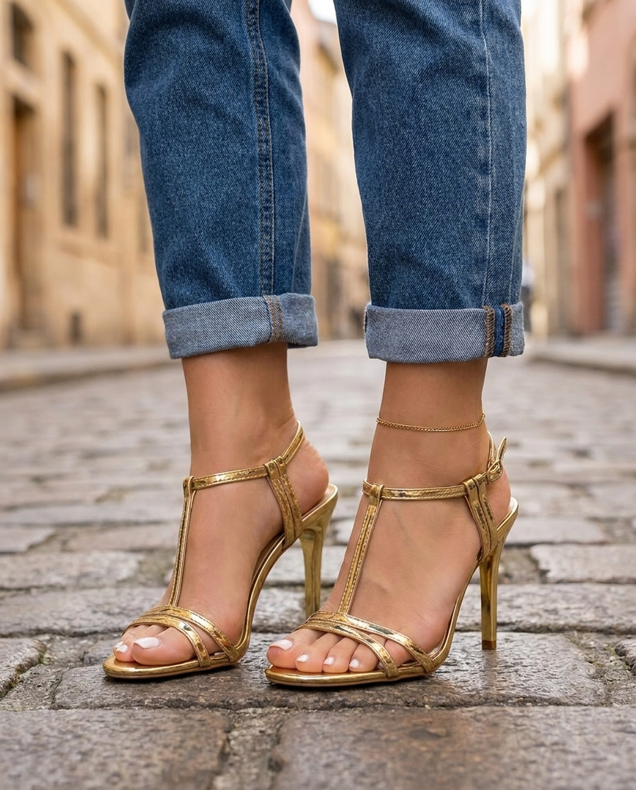 Vivienne | Gold Metallic T-Strap Stiletto Heels