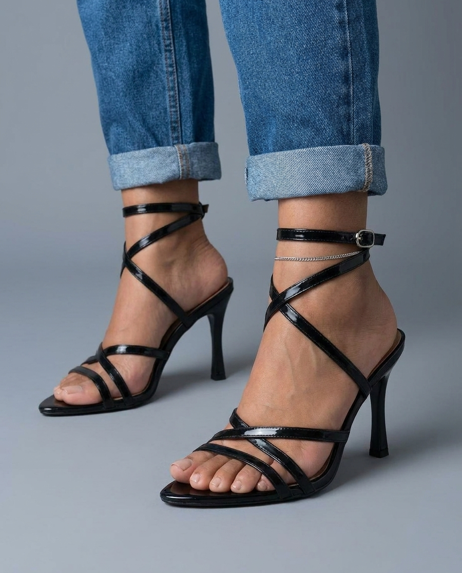 Noir | Black Strappy Crossover Heels